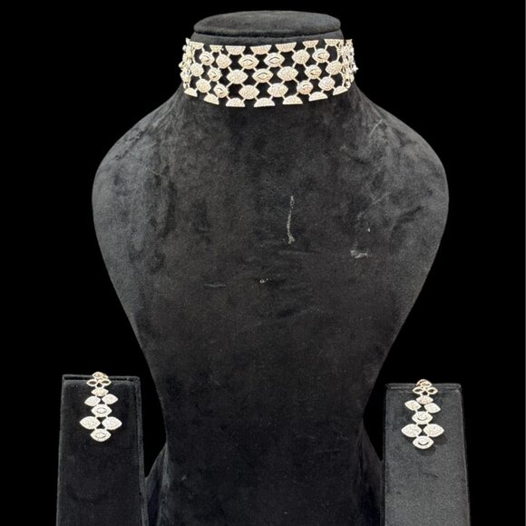 Designer Silver-Plated Diamond Look Choker Necklace with Long Drop Earrings - Picture 2 of 2